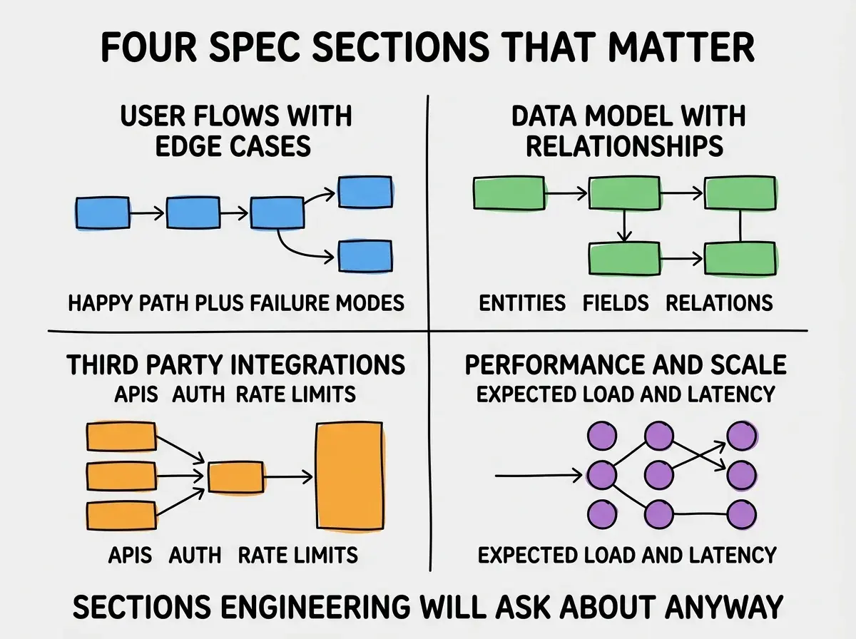 EXPLAINER DIAGRAM titled FOUR SPEC SECTIONS THAT MATTER shown as a 2x2 grid of quadrants on a slate background. Top left blue USER FLOWS WITH EDGE CASES sublabel HAPPY PATH PLUS FAILURE MODES. Top right green DATA MODEL WITH RELATIONSHIPS sublabel ENTITIES FIELDS RELATIONS. Bottom left orange THIRD PARTY INTEGRATIONS sublabel APIS AUTH RATE LIMITS. Bottom right purple PERFORMANCE AND SCALE sublabel EXPECTED LOAD AND LATENCY. Footer reads SECTIONS ENGINEERING WILL ASK ABOUT ANYWAY.