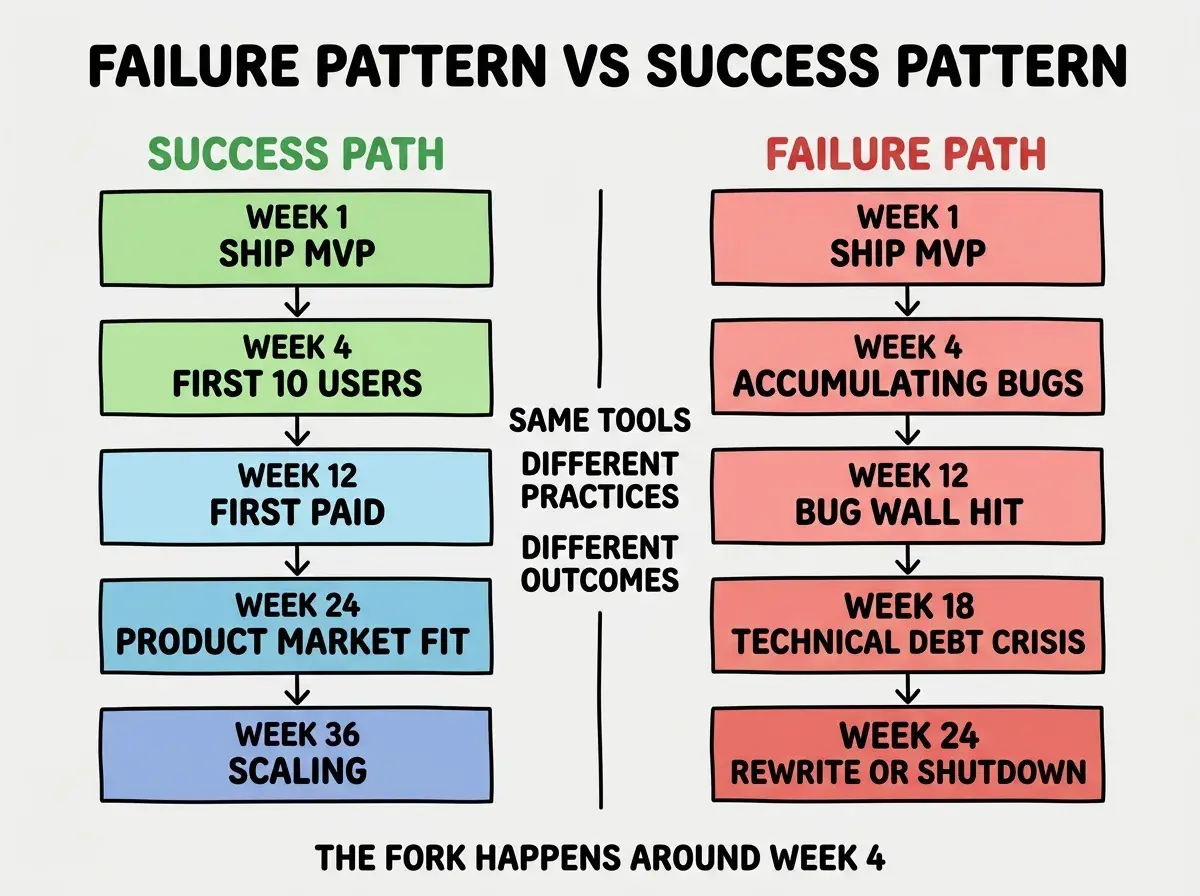 EXPLAINER DIAGRAM titled FAILURE PATTERN VS SUCCESS PATTERN shown as a two-column timeline on a slate background. Left column header SUCCESS PATH in green has stacked time blocks: WEEK 1 SHIP MVP, WEEK 4 FIRST 10 USERS, WEEK 12 FIRST PAID, WEEK 24 PRODUCT MARKET FIT, WEEK 36 SCALING. Right column header FAILURE PATH in red has stacked time blocks: WEEK 1 SHIP MVP, WEEK 4 ACCUMULATING BUGS, WEEK 12 BUG WALL HIT, WEEK 18 TECHNICAL DEBT CRISIS, WEEK 24 REWRITE OR SHUTDOWN. Center divider has vertical text reading SAME TOOLS DIFFERENT PRACTICES DIFFERENT OUTCOMES. Footer reads THE FORK HAPPENS AROUND WEEK 4 WHEN REVIEW DISCIPLINE BREAKS.