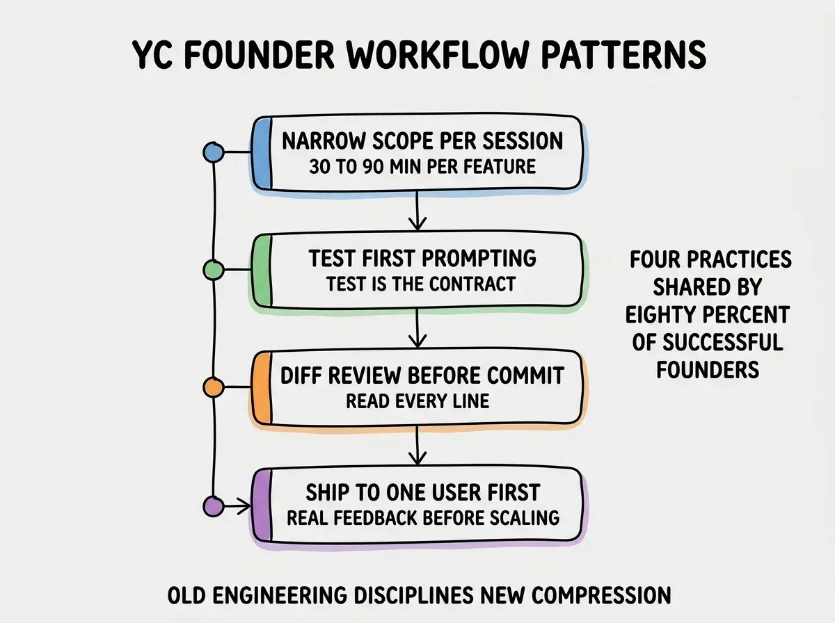 EXPLAINER DIAGRAM titled YC FOUNDER WORKFLOW PATTERNS shown as a vertical four-step flowchart on a slate background. Step 1 colored blue NARROW SCOPE PER SESSION, sublabel 30 TO 90 MIN PER FEATURE. Arrow down. Step 2 colored green TEST FIRST PROMPTING, sublabel TEST IS THE CONTRACT, AI WRITES IMPL. Arrow down. Step 3 colored orange DIFF REVIEW BEFORE COMMIT, sublabel READ EVERY LINE, NEVER ACCEPT BLINDLY. Arrow down. Step 4 colored purple SHIP TO ONE USER FIRST, sublabel REAL FEEDBACK BEFORE SCALING. Side panel reads RESULT FOUR PRACTICES SHARED BY 80 PERCENT OF SUCCESSFUL YC FOUNDERS. Footer reads NONE OF THESE ARE SPECIFIC TO AI, ALL ARE EASIER WITH AI.