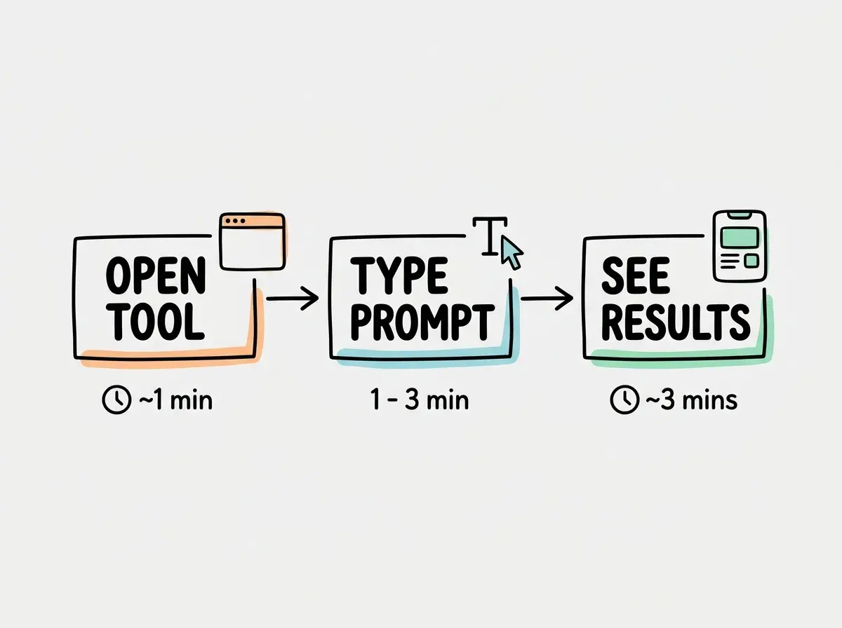 EXPLAINER DIAGRAM: A horizontal three-step flow. Step 1 is a box labeled OPEN TOOL with a browser icon. Arrow points to Step 2, a box labeled TYPE PROMPT with a text cursor icon. Arrow points to Step 3, a box labeled SEE RESULT with a checkmark icon. Below each box is a small label: step 1 reads 2 MINUTES, step 2 reads 5 MINUTES, step 3 reads INSTANT. Teal arrows between boxes, light gray background.