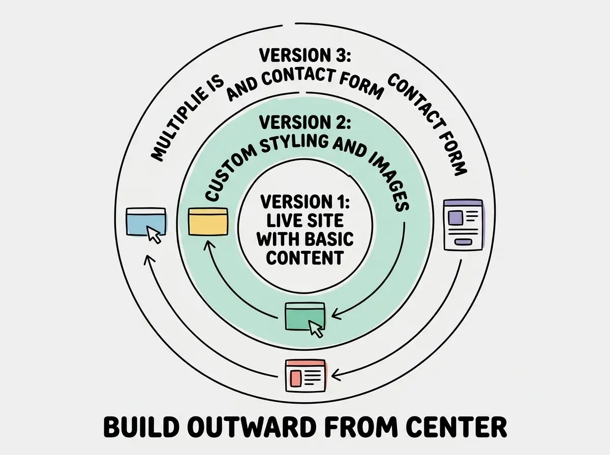 EXPLAINER DIAGRAM: Three concentric circles like a bullseye target. Innermost circle in teal labeled VERSION 1 with subtitle LIVE SITE WITH BASIC CONTENT. Middle ring in coral labeled VERSION 2 with subtitle ADD IMAGES AND PORTFOLIO. Outer ring in teal labeled VERSION 3 with subtitle CUSTOM DOMAIN AND CONTACT FORM. An arrow curving around the outside reads EACH VERSION IS ONE SESSION. Light gray background.
