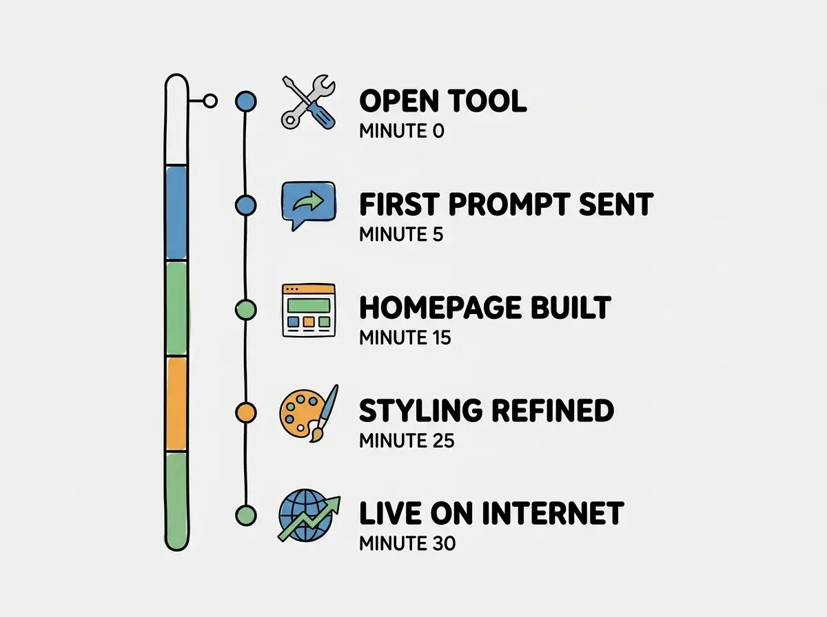 EXPLAINER DIAGRAM: A vertical timeline with five milestones. Top milestone labeled MINUTE 0 reads OPEN TOOL in a teal circle. Second milestone labeled MINUTE 5 reads FIRST PROMPT SENT in a coral circle. Third milestone labeled MINUTE 15 reads DESIGN REFINED in a teal circle. Fourth milestone labeled MINUTE 25 reads CONTENT FINALIZED in a coral circle. Bottom milestone labeled MINUTE 30 reads LIVE ON THE INTERNET in a large teal circle with a star icon. A vertical line connects all milestones. Light gray background.