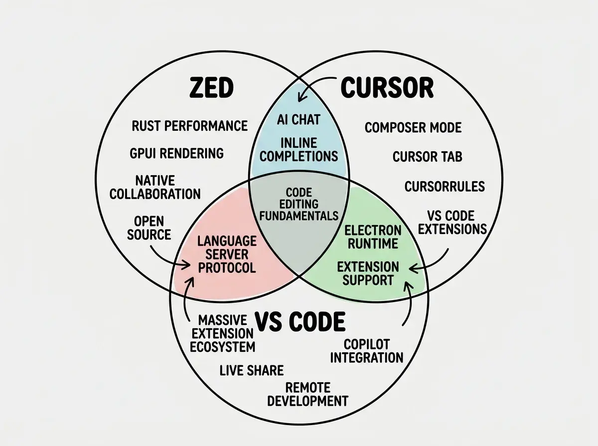 EXPLAINER DIAGRAM: A Venn diagram with three overlapping circles. The left circle is labeled ZED with items RUST PERFORMANCE, GPUI RENDERING, NATIVE COLLABORATION, and OPEN SOURCE. The right circle is labeled CURSOR with items COMPOSER MODE, CURSOR TAB, CURSORRULES, and VS CODE EXTENSIONS. The bottom circle is labeled VS CODE with items MASSIVE EXTENSION ECOSYSTEM, LIVE SHARE, COPILOT INTEGRATION, and REMOTE DEVELOPMENT. The overlap between Zed and Cursor reads AI CHAT and INLINE COMPLETIONS. The overlap between Cursor and VS Code reads ELECTRON RUNTIME and EXTENSION SUPPORT. The overlap between Zed and VS Code reads LANGUAGE SERVER PROTOCOL. The center where all three overlap reads CODE EDITING FUNDAMENTALS.