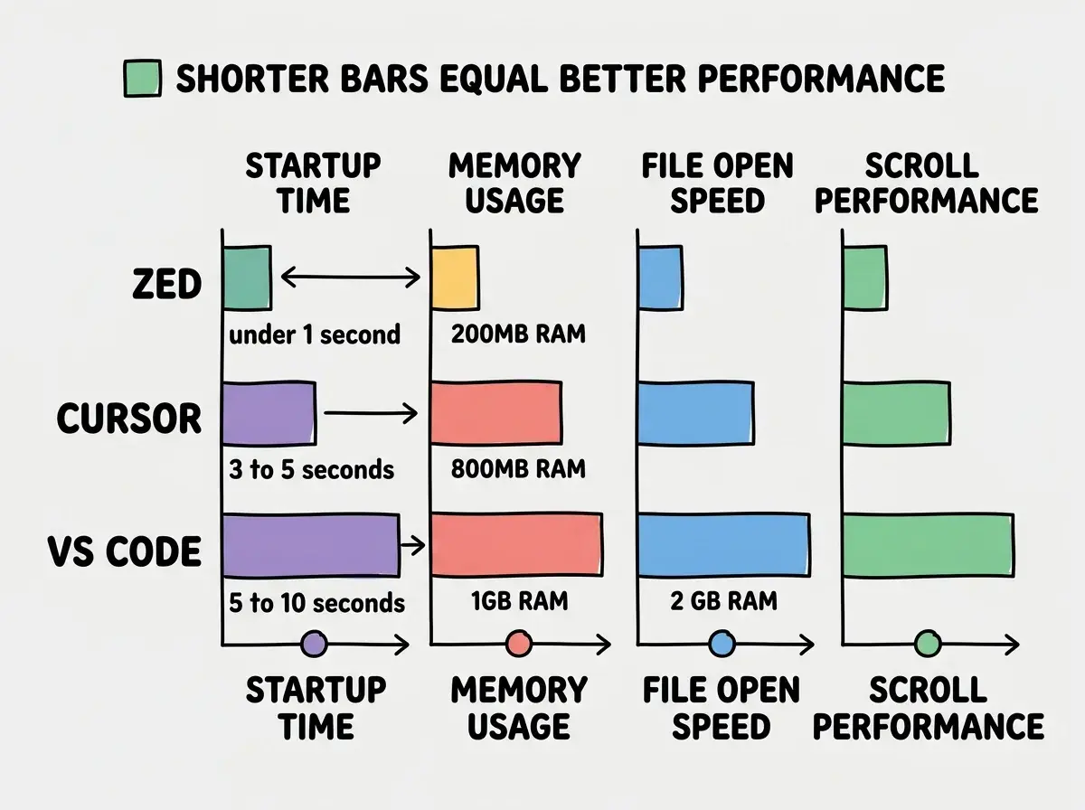 EXPLAINER DIAGRAM: A horizontal bar chart comparing three editors on four metrics. The editors are ZED, CURSOR, and VS CODE listed vertically on the left. The four horizontal metrics are STARTUP TIME, MEMORY USAGE, FILE OPEN SPEED, and SCROLL PERFORMANCE. Zed has the shortest bars across all four categories indicating best performance. Cursor has medium-length bars. VS Code has the longest bars. Each bar is labeled with approximate values: Zed startup under 1 second and 200MB RAM, Cursor startup 3 to 5 seconds and 800MB RAM, VS Code startup 5 to 10 seconds and 1GB RAM. A legend at the top reads SHORTER BARS EQUAL BETTER PERFORMANCE.