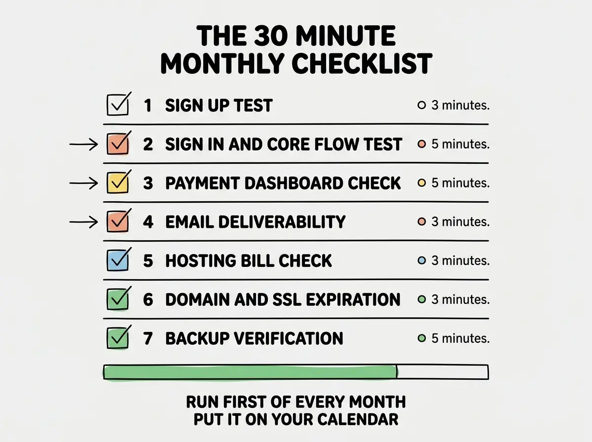 EXPLAINER DIAGRAM titled THE 30 MINUTE MONTHLY CHECKLIST shown as a vertical list of seven checkable items on a slate background. Each row has a checkbox icon, a number, a short title, and a small dot indicating roughly how long it takes. Item 1 SIGN UP TEST 3 minutes. Item 2 SIGN IN AND CORE FLOW TEST 5 minutes. Item 3 PAYMENT DASHBOARD CHECK 5 minutes. Item 4 EMAIL DELIVERABILITY CHECK 3 minutes. Item 5 HOSTING BILL CHECK 3 minutes. Item 6 DOMAIN AND SSL EXPIRATION 3 minutes. Item 7 BACKUP VERIFICATION 5 minutes. Below the list is a green progress bar that fills as items are checked. Footer reads RUN ON THE FIRST OF EVERY MONTH PUT IT ON YOUR CALENDAR.