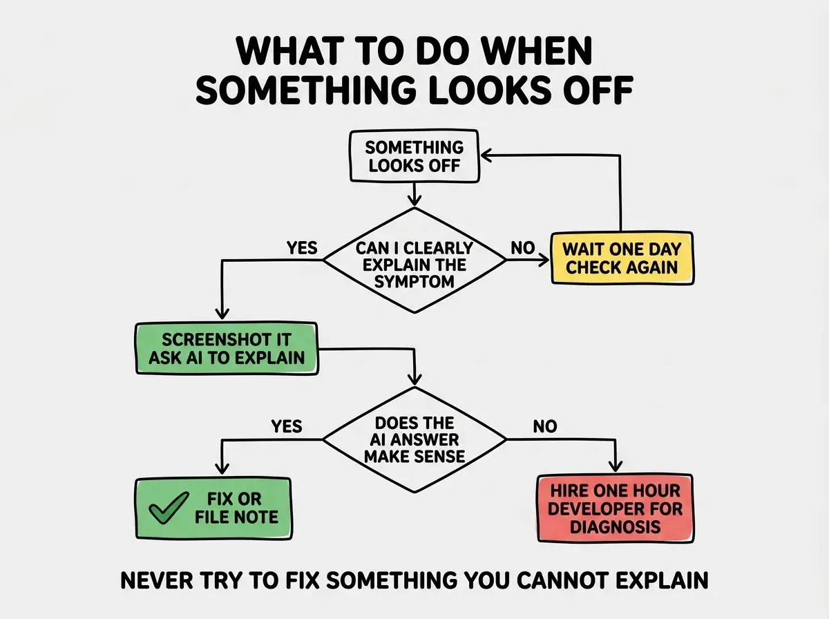 EXPLAINER DIAGRAM titled WHAT TO DO WHEN SOMETHING LOOKS OFF shown as a flowchart on a slate background. Top box labeled SOMETHING LOOKS OFF leads to a diamond decision labeled CAN I CLEARLY EXPLAIN THE SYMPTOM. Yes branch leads to a green box labeled SCREENSHOT IT, ASK AI TO EXPLAIN. No branch leads to a yellow box labeled WAIT ONE DAY AND CHECK AGAIN. From the green box, a diamond labeled DOES THE AI ANSWER MAKE SENSE. Yes leads to a green checkmark box labeled FIX OR FILE A NOTE. No leads to a red box labeled HIRE ONE HOUR DEVELOPER ASK FOR DIAGNOSIS. From the yellow wait box, an arrow loops back to the top of the flow. Footer reads NEVER TRY TO FIX SOMETHING YOU CANNOT EXPLAIN.
